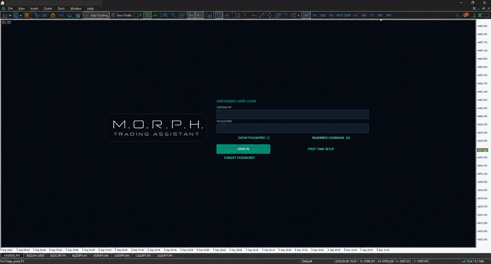 M.O.R.P.H. secure login screen inside MT5
